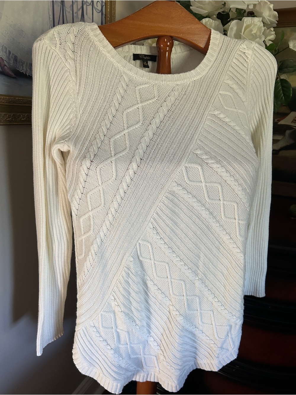 Cupio Cream Cable-Stitch cotton mix Crewneck Sweater Tunic Sz S